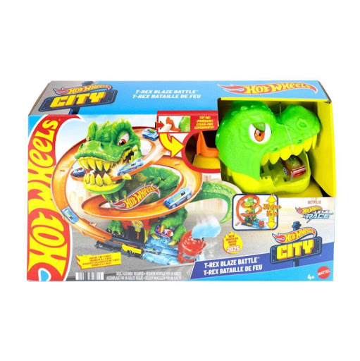 Hot Wheels City Pista T-rex Vs Estación De Bomberos Hot Wheels  x 1 Enfrenta a los vehículos contra un feroz dinosaurio T-Rex. El set incluye una estación de bomberos, rampas de lanzamiento y puntos de impacto que activan el ataque del dinosaurio.