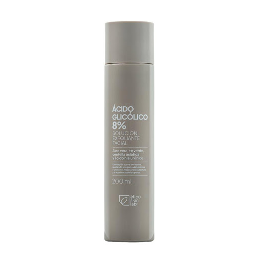 Ácido Glicólico al 8% Solución Exfoliante Ético Skin Lab Frasco x 1 Solución Ácido Glicólico 8% Ético Skin Lab. Exfoliante químico que reduce manchas, poros y mejora textura. Con centella, té verde y ácido hialurónico. Piel más suave, luminosa y uniforme. Uso nocturno
