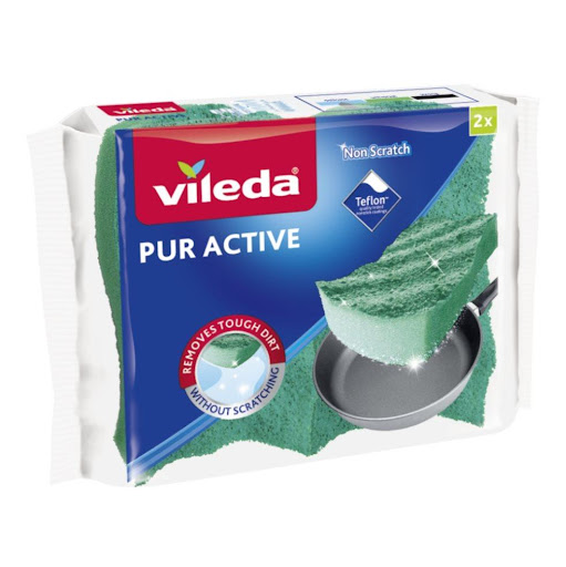 Esponja Limpieza Pur Active 2 Unidades Vileda Vileda Bolsa x 2 Esponja Pur Active Vileda ideal para limpiar superficies, vajillas, ollas. 

La esponja cuenta con una  estructura cerrada que evita que la suciedad se adhiera a ella, lo que la hace mucho más higiéni