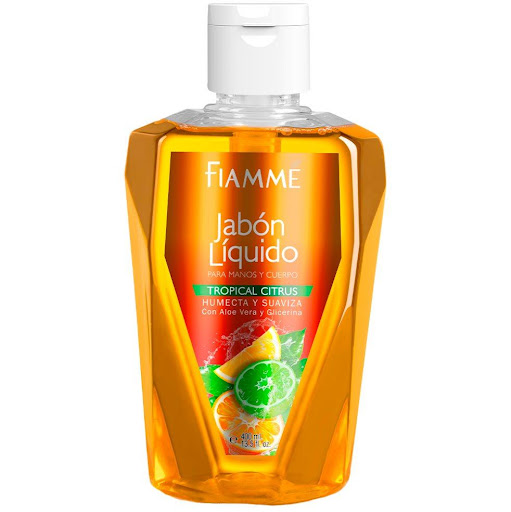 Jabón líquido tropical citrus x400ml  Fiamme Frasco x 1 Jabón Líquido para manos y cuerpo; contiene Aloe Vera y Glicerina que hidratan, protegen la piel, imparten suavidad y emolientes que humectan la piel ayudando a evitar la resequedad