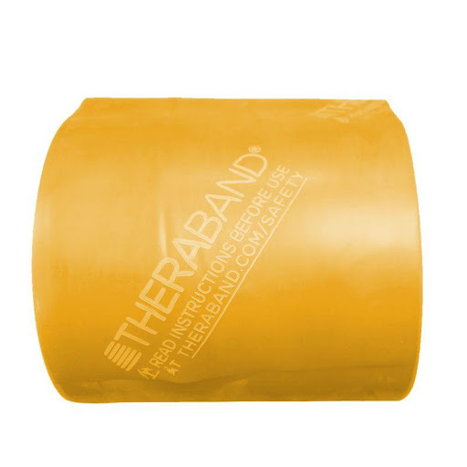 Theraband Ejercicio Gold Rollo Theraband UN x 4500 Banda de resistencia nivel Dorado (resistencia máxima), ideal para entrenamiento avanzado, rehabilitación de alto rendimiento y fortalecimiento muscular intensivo. Su presentación en rollo permite c