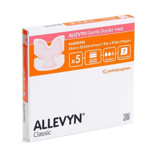ALLEVYN LIFE HEEL 23X23.5 CM SMITH Smith & Nephew  x 1 Apósito avanzado de espuma diseñado específicamente para la zona del talón, proporcionando protección y absorción óptima. Su construcción trilaminar incluye una capa hidrocelular absorbente, una capa 