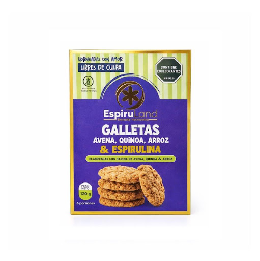 Galletas de avena y quinua con espirulina sin azucares añadidos Espiruland Caja por 6 Und x 120g Galletas EspiruLand de avena, quinua y arroz con espirulina, sin azúcares añadidos. Caja x 6 unidades (120 g). Snack natural, práctico y delicioso, ideal para un estilo de vida consciente.