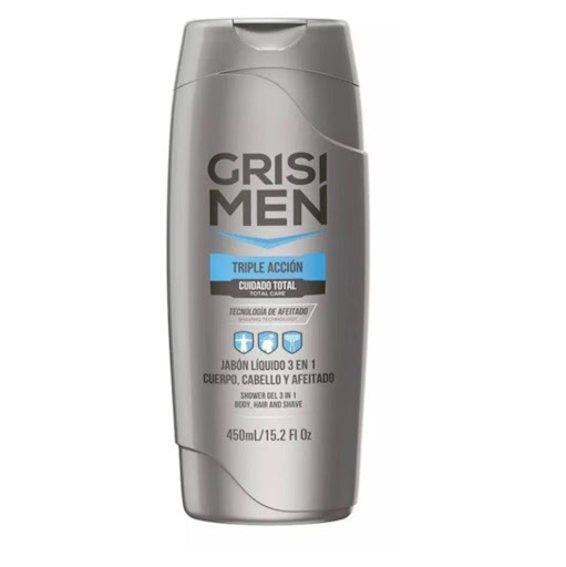 Jabon Liquido Triple Acción 3 en 1 Cuidado Total 450ml Grisi Grisi Frasco x 1 Grisi Men Shower Gel Triple Acción 450ml es un producto multifuncional diseñado para el cuidado integral del hombre. Su fórmula especializada ofrece tres beneficios clave: limpieza de la piel, cuidado
