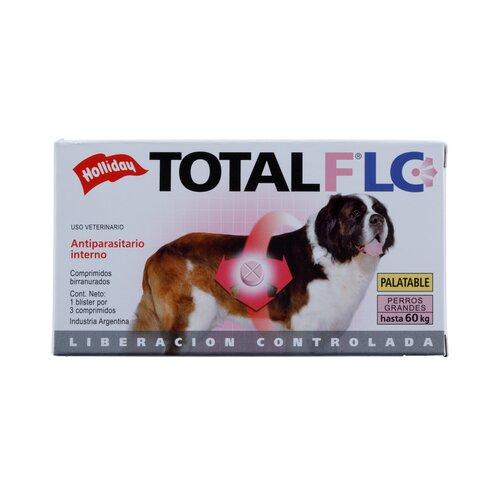 TOTAL FLC PERRO GRANDE 3 COMPRIMIDOS Holliday  x 3 Antiparasitario interno oral de liberación controlada en comprimidos birranurados palatables. Envase conteniendo 1 blister por 3 comprimidos birranurados palatables para perros hasta 60 kg.