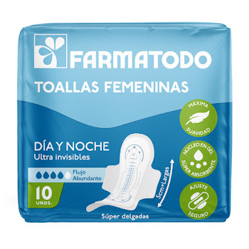 Toallas Femeninas Farmatodo Invisible Dia y Noche Paquete x 10 und  