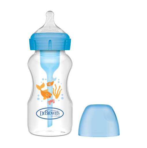 Tetero Dr. Brown's Option+ 9oz BA  Azul Dr Brown's Botella x 1 "PRESENTACIÓN BOCA ANCHA 9 ONZAS. Este lindo tetero de Dr. Brown's de 9 onzas viene decorado con un bello motivo en lindos colores.
 TETERO ANTICÓLICOS. El sistema de ventilación interna anticólico 