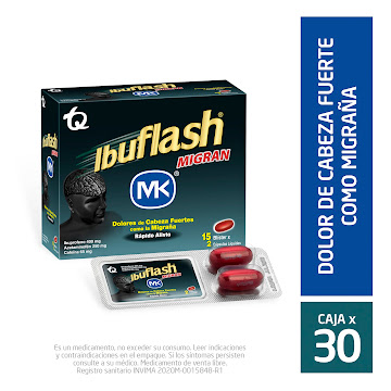 Ibuflash Migran Ibuprofeno + Acetaminofén + Cafeina 400mg/250mg/65mg MK Caja x 30 Cápsulas  