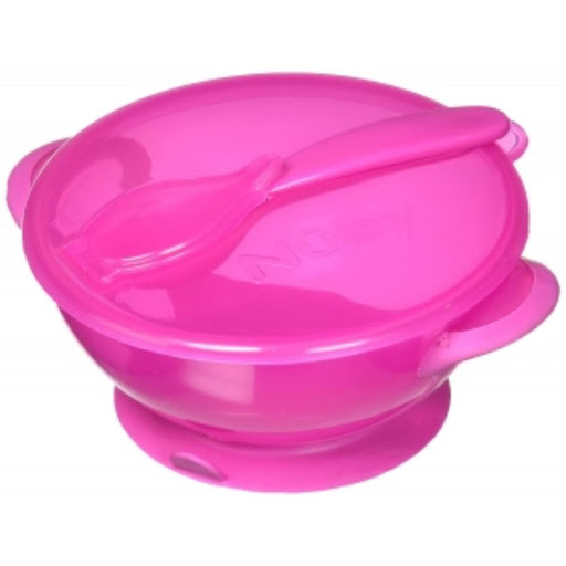 Tazón De Succión Con Cuchara Y Tapa Rosa Nuby Blister x 1 Lleva los alimentos de tu hija a todos lados de manera segura! El tazon es ideal para transportar cereales secos u otros alimentos para bebés, sin riesgo a derrames, gracias a su tapa que sella hermét
