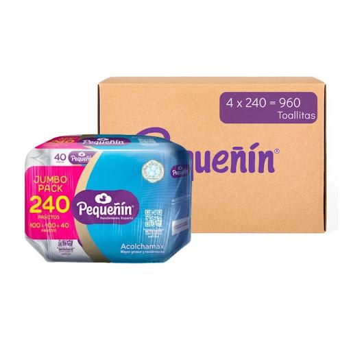 Toallitas Húmedas Pequeñin Acolchamax Jumbo Pack x 240 und Caja x 4 Pequeñin Caja x 4 x 4 Extraacolchado. Jumbo pack, x 3 empaques x 100 x 100 y 40 unds, extra-acolchado, con mayor rendiemiento, tela biodegradable y extracto de almendras. Caja x 4