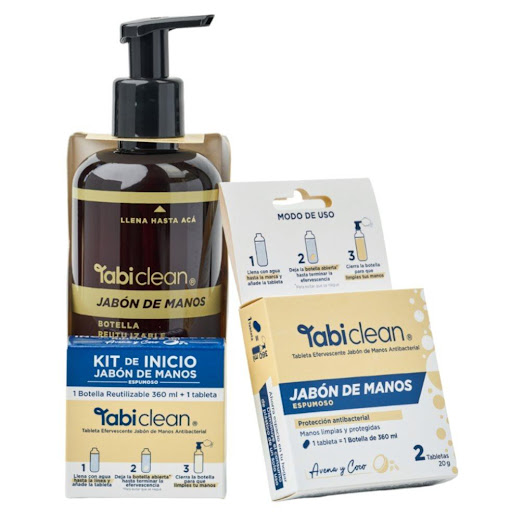 Combo Jabon de Manos TABI CLEAN rinde 1.08ml TABI CLEAN COLOMBIA Contiene 1 kit de inicio Jabon de Manos + 1 caja repuestos.Un total de 3 tabletas equivalente a 1.08 litro x 1 undefined