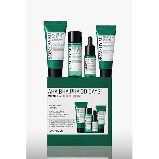 AHA BHA PHA 30 Days Miracle AC SOS Kit Some By Mi Kit de 4 pasos: Jabón 30ml, Tónico 30ml, Sérum 10ml, Crema 20g x 1