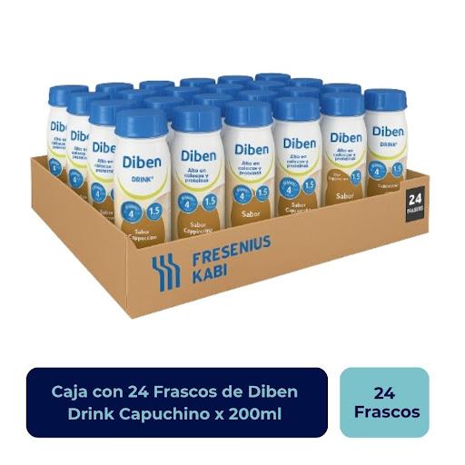 Diben Drink Capuchino Frasco x 200ml Fresenius Fresenius Caja x 24 Alimento líquido para propósito médico especial, polimérico para alimentación vía oral o por sonda. Fórmula hipercalórica e hiperproteica, a base de proteína de alto valor biológico con fibra, vitamin