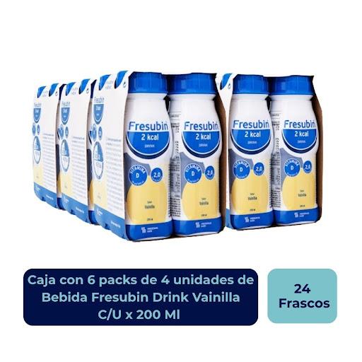 Bebida Fresubin Drink Vainilla Paca x4 Uni cada una frasco x200 Ml Fresenius Kabi Fresenius Caja x 6 Alimento líquido para propósito médico especial, polimérico para alimentación vía oral o por sonda. Fórmula hipercalórica e hiperproteica, a base de proteína de alto valor biológico, lípidos, maltodex