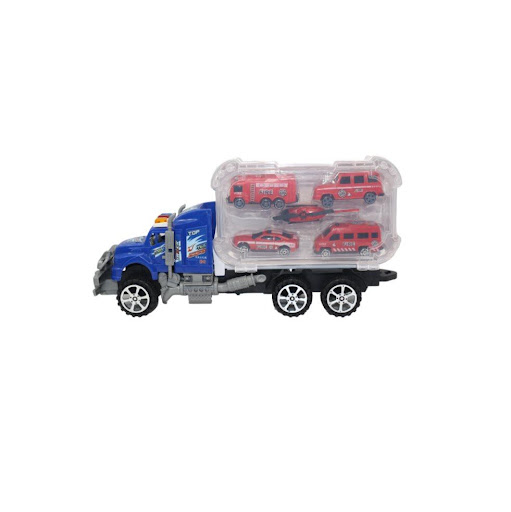 Tractomula Rescate Con Carros Friccion Base Y Tapa Plasticos Asociados  x 1 Es un juguete interactivo y resistente, fabricado en plástico de alta calidad. Incluye una tractomula con mecanismo de fricción y varios carros diseñados para simular escenarios de rescate. Su diseño 