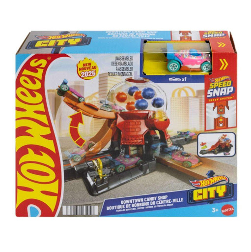 Hot Wheels City Pista Tienda De Dulces Hot Wheels  x 1 Recrea una colorida tienda llena de golosinas y acción. Incluye una rampa, un caramelo giratorio gigante y zonas de juego diseñadas para complementar otras pistas de Hot Wheels City.