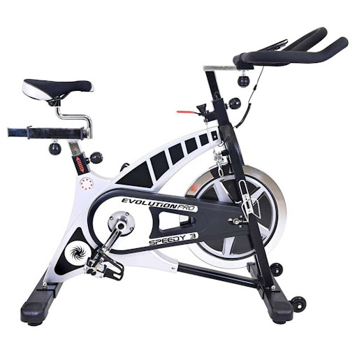BICICLETA SPINNING EVOLUTION SPEEDY 3 EVOLUTION FITNESS Individual x 1 ĦDescubre la Spinning EVO SPEEDY 3 y transforma tu entrenamiento!Con un volante delantero de 20 kg y un sistema de transmisión por correa con volante de inercia, ofrece una experiencia de pedaleo suav