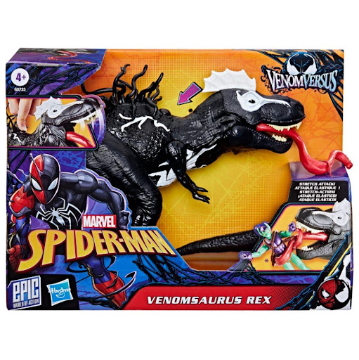 Figura De Acción Venomversus Venomsaurus Rex Marvel  x 1 Está diseñada con detalles emblemáticos de Venom y un estilo dinosaurio único. Incluye una lengua elástica y mandíbulas móviles para capturar enemigos.