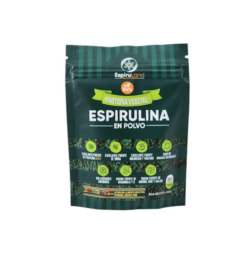 Espirulina en polvo Espiruland Empaque de 100g x 100g Espirulina en polvo EspiruLand 100 g, 100% natural, vegana y rica en proteína (≈54%). Ideal para batidos, jugos y recetas saludables. Producto artesanal, libre de gluten y sin aditivos.