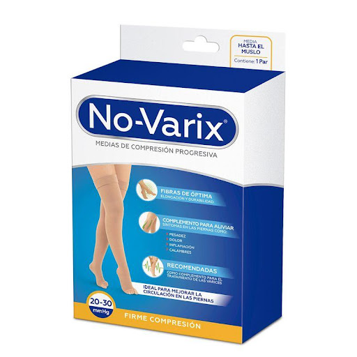 Media al muslo No-Varix 20-30 mmHg  transparente banda siliconada beige L No- Varix  x 1 Estas medias son ideales para combinar con prendas ejecutivas y formales, son estéticas y elegantes, con apariencia velada y transparente. Las medias de mediana compresión 15-20 mmHg No-Varix son reco