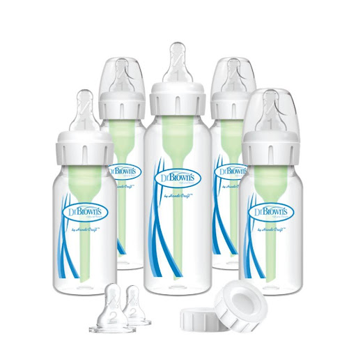Kit 5 Teteros Dr Brown Bebe Recien Nacido Chupo Nivel 1 y 2 (0-3 y 3-6m) Dr Browns Botella x 1 Set de 5 teteros boca estándar Options, 3 de 8 onzas y 2 de 4 onzas, con 2 chupos adicionales nivel 2, con un sistema de ventilación interno diseñado para evitar el vacio y la ingesta de aire y así di