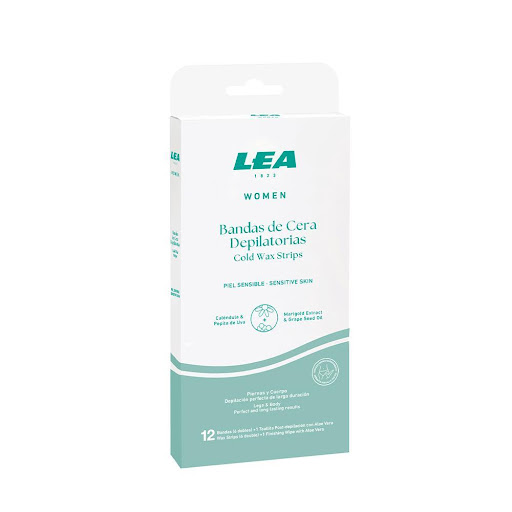 LEA Women Tiras Depilatorias Cera Fría LEA Frasco x 1 Doce bandas depilatorias  de cera fría con Caléndula y Pepita de Uva para pieles sensibles, junto con 1 toallita limpiadora post-depilación con Aloe Vera.  Para su empleo, calentar las bandas entre la