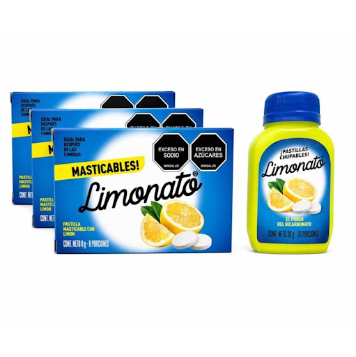 Pastillas masticables de Bicarbonato y Limón natural Limonato 3 blisters x 8 und + 1 frasco x 30 und x 54 pastillas  Limonato - Pastillas masticables de Bicarbonato de sodio  y limon natural - Ideales para despues de las comidas, momentos de pesadez y llenura