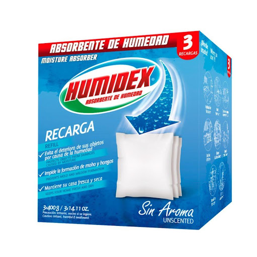 Humidex - 3 Recargas X 400g C/u HUMIDEX PLEGADIZA x 3 UND El producto contiene 3 repuestos de 400 gramos cada uno sin aroma. Contenido total 1.200 gramos. 
Apto para el vaso cuadrado y para el vaso cónico. Vasos NO incluidos con este producto.

¿QUÉ ES HUMID