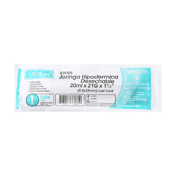 Jeringa Hipodérmica Alfasafe 20ml x 21g x 1 und  