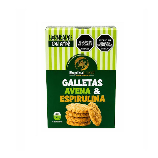 Galletas de avena con espirulina, Caja x 6 und, 150g ESPIRULAND CAJA DE GALLETAS POR 6 UNIDADES x 6 UND Galletas de avena con espirulina, una opción saludable, rica en proteína y perfecta para snacks funcionales y nutritivos.