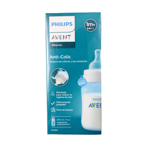 Phillips Avent Tetero Válvula Anticólicos Azul 9Oz SCY121/10 Avent Caja x 1 Biberón anticólicos de 9 oz con tetina de flujo 2, sistema probado para aliviar cólicos, fácil de limpiar y montar, con diseño ergonómico y antigoteo, ideal para la lactancia del bebé.