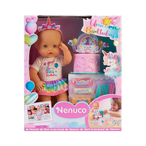 Nenuco Unicorn Birthday - Muñeco Bebé con Accesorios 35 cm Nenuco Caja x 1 Celebra momentos mágicos con Nenuco Unicorn Birthday. Este encantador muñeco bebé de 35 cm, con cuerpo duro, viene vestido con un precioso vestido multicolor de unicornio y una diadema de cumpleaños a