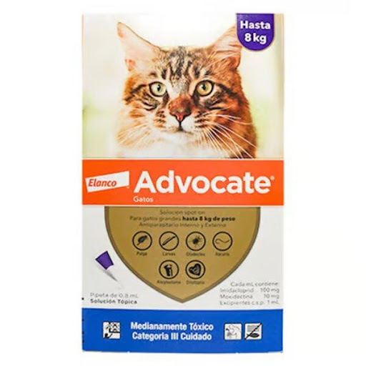 ADVOCATE GATOS (HASTA 8 KG) Elanco  x 1 Advocate Gatos protege a los gatos por dentro y por fuera. Provee protección integral contra pulgas, gusano del corazón, lombrices intestinales, gusanos pulmonares, ácaros de la sarna de la oreja y ác