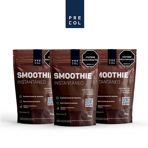 Smoothie + Precol + Chocola Banano + 150 g + Pack 3 und PRECOL 3 UND x 3 SMOOTHIE INSTANTÁNEO SABOR CHOCOLATE. es un producto alimenticio en polvo granular rico en proteina que presenta una coloración café cremoso con notas de aroma y sabor característicos a chocolate y ba