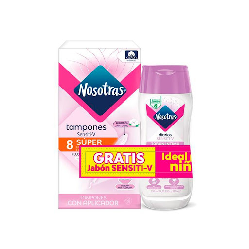 Tampon Nosotras Sensitive Con Aplicador Super 8 unds Gratis Jabon Intimo Sensitive x 130 ml