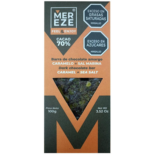 Barra de chocolate 70% cacao + caramelo + sal marina MEREZE 100grs x 1 Deliciosa Barra de chocolate 70% cacao + caramelo + sal marina
