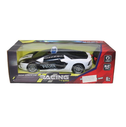 Carro Policia Racing R/c Pilas Caja Plasticos Asociados  x 1 Es un juguete interactivo y emocionante, fabricado en plástico resistente y seguro. Diseñado con control remoto, luces y sonidos integrados, este carro permite recrear escenarios llenos de acción y di