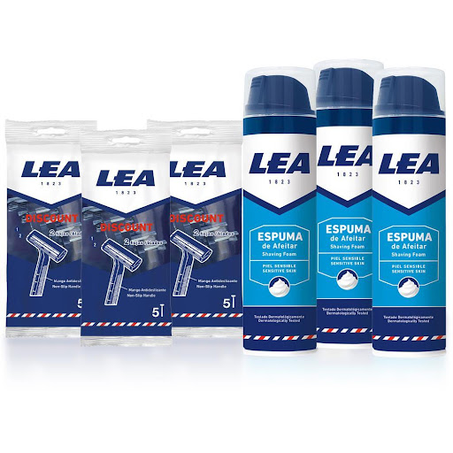 Pack x6 Lea Máquinas Desechables + Espuma Afeitado LEA Frasco x 6 Maquinilla básica de dos hojas de acero inoxidable de alta calidad. Mango antideslizante para  una empuñadura firme.La espuma de afeitar LEA es una espuma cremosa que hidrata y suaviza las capas super