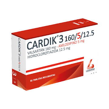 Cardik 3 Valsartan 160mg   + Amlodipino 5mg + Hidroclorotiazida 12.5mg Legrand Caja x 30 Tabletas  