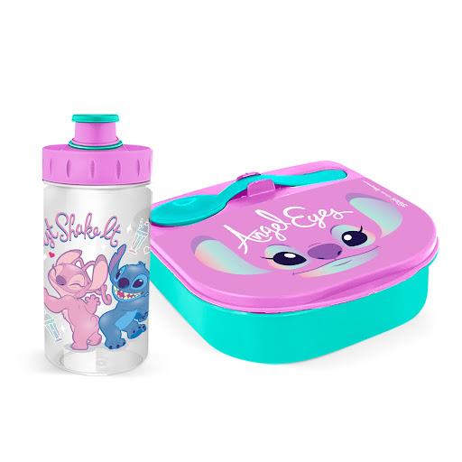 Set Contenedor Tixe + Botella  Poxe Stitch Angel  WANTU CAJA x 2 Set Lonchera  Stitch Angel, incluye Contenedor con Cuchara y Botella 11 onzas