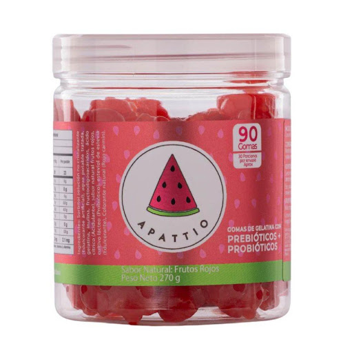 Gomitas Probióticos y Prebióticos Apattio Tarro x 90 gomitas 270 g Equilibra tu salud digestiva de la forma más deliciosa.

Disfruta el poder de los prebióticos y probióticos en una experiencia única: suaves gomitas con el refrescante sabor natural de la sandía.
Cada