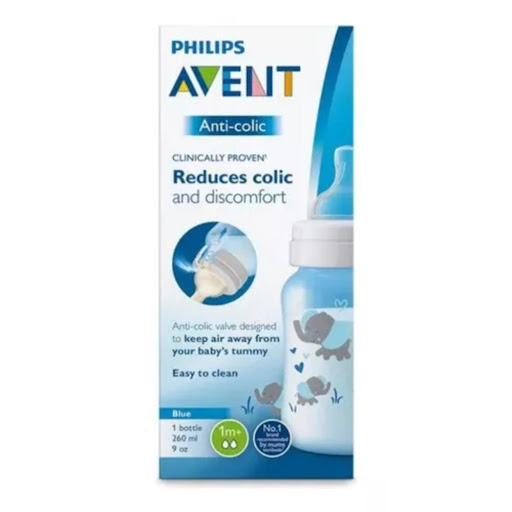 Phillips Avent Tetero Válvula Anticólicos Azul Elefante 9Oz SCY121/06 Avent Caja x 2 Biberón Philips Avent Blue Elephant de 260 ml con sistema anticólicos probado, diseño ergonómico y tetina de flujo 2. Fácil de limpiar y montar, ideal para una alimentación sin molestias.