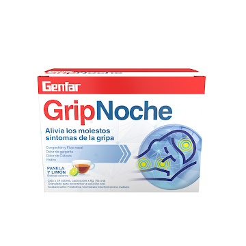 GripNoche Acetaminofén + Fenilefrina + Clorfeniramina 500mg/10mg/2mg Genfar Caja x 24 Sobres  