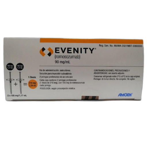 Evenity 90 mg/ml  Romosozumab Amgen Caja x2 Jeringas Evenity Caja x 2 Este producto requiere fórmula médica para su compra