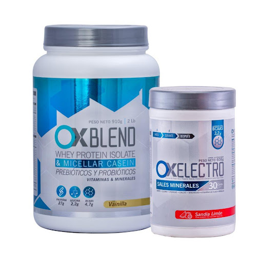 Combo Proteina Hidratante Ox Blend Vainilla +Ox Electro Sandia Limon Ox Blend + Ox Electro Envase Plástico  x 2 Proteína Ox Blend 
Recuperación rápida y efectiva
27 g de proteína (90 % whey isolate + caseína) + 4,7 g de BCAAs → repara microdesgarros, acelera la regeneración muscular y te prepara para volver a e
