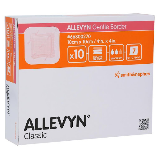 ALLEVYN CLASSIC GENTLE BORDER 10X10 CM SMITH Smith & Nephew  x 1 Apósito avanzado de espuma diseñado para la gestión de heridas, con un borde suave que ofrece mayor comodidad y adhesión sin dañar la piel. Su diseño trilaminar incluye una capa hidrocelular absorbent