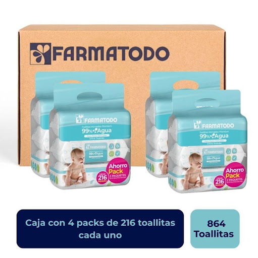 Toallitas Húmedas Farmatodo Bebé Premium x 216 und. 99% Agua Pack  Farmatodo Caja x 4 Elaborados con tecnología de rápida absorción y máxima retención de la orina, manteniendo al bebé seco y protegido de filtraciones. Su capa transpirable permite que el aire pase a través del pañal, se