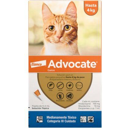 ADVOCATE GATOS (HASTA 4 KG) Elanco  x 1 Advocate Gatos protege a los gatos por dentro y por fuera. Provee protección integral contra pulgas, gusano del corazón, lombrices intestinales, gusanos pulmonares, ácaros de la sarna de la oreja y ác