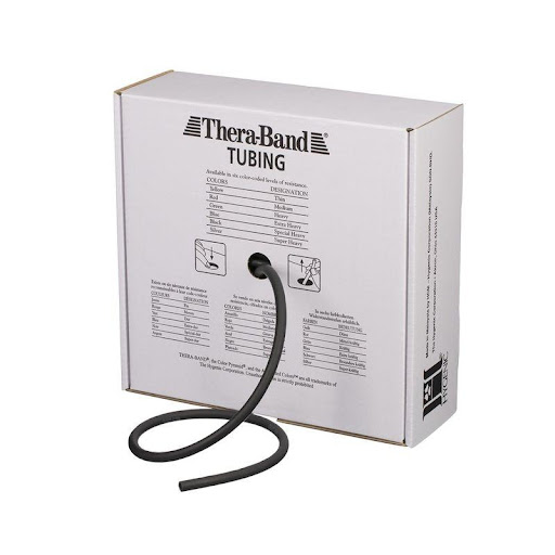 Thera-Tubing Black Rollo Theraband UN x 3000 Tubo de resistencia nivel alto, fabricado en látex, ideal para entrenamientos avanzados, rehabilitación intensiva y fortalecimiento muscular exigente. El formato en rollo permite adaptar la longitud a