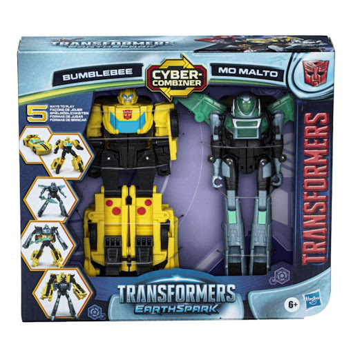Transformers Cyber-combiner Terran Bumblebee Y Mo Malto Transformers  x 1 Incluye dos figuras interactivas que pueden combinarse para crear un superpoderoso Bumblebee o una superpoderosa Mo Malto. Bumblebee se transforma de robot a auto deportivo en 9 pasos, mientras que Mo